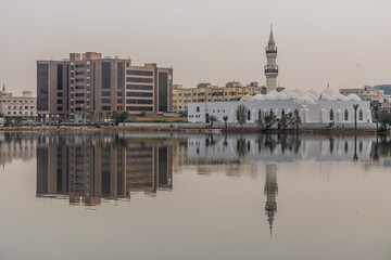 Lake Arbaeen and Jaffali Mosque in Jeddah, Saudi Arabia