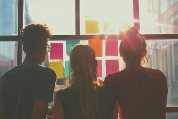 Three people standing in front of a glass wall, looking at colorful sticky notes on it and writing something down with markers Generative AI