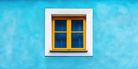 Vibrant yellow window on textured blue wall: minimalist architectural design