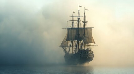 A majestic sailing ship emerges from the mist on a calm sea.