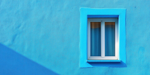 Minimalistic blue wall with white window highlighting geometric shadows