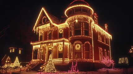 The Lewis-Syford House, built in 1878 in Lincoln, Nebraska, is decorated with Christmas lights.