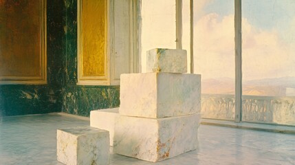 Marble Blocks in Ornate Room - Minimalist Architectural Photography