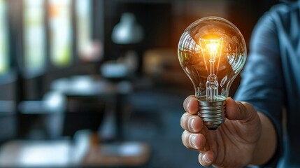 A hand holds a glowing light bulb to illuminate ideas and creativity in a high fidelity setting