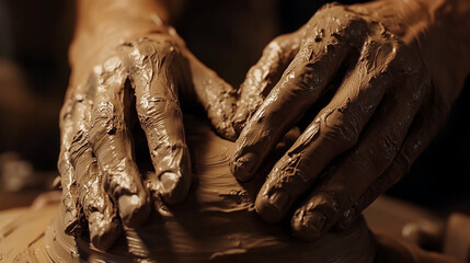 Close-up of hands shaping clay in pottery process