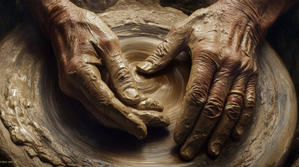 Close-up of hands shaping clay in pottery process