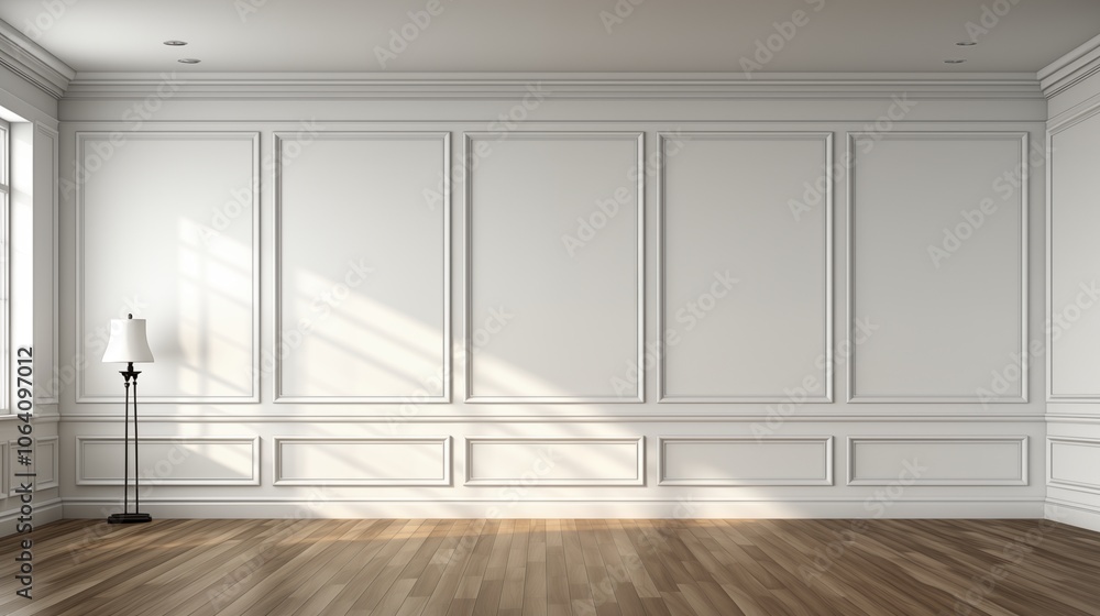 Poster white walls in an empty room with soft light and shadows from windows, perfect for an open minimalis