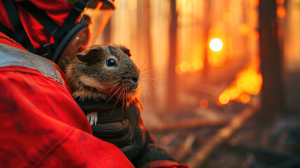 a firefighter holding a pet guinea pig rescued from a burning house, showing the care taken to save all family members, big and small