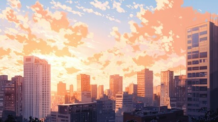 Fototapeta premium Vibrant urban skyline at sunset with dramatic cloudscape