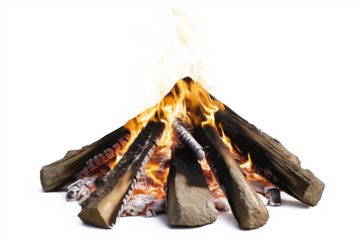 Campfire with flames dancing on white rocks. Pyramid of burning logs in shades of brown. Logs arranged in circular pattern. Warm glow from fire. Vibrant orange flames against transparent background.