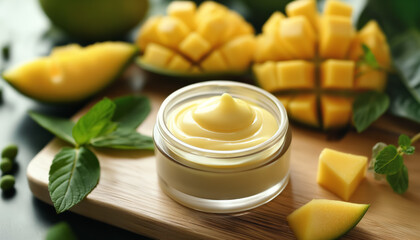 Pale yellow body lotion cream, blurred mango fruits in background. Tropical botanical extracts concept. Generative AI