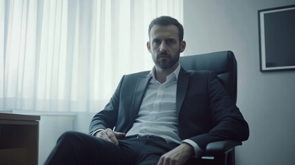 Fototapeta premium Man in a dark suit sits in an office chair, looking directly at the camera. Concept of business professionalism and seriousness.
