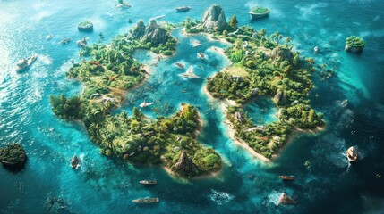 Obraz premium A lush tropical island with dinosaurs and boats surrounding it, rendered in a 3D style with a bright blue ocean and clear sky.