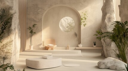 Serene minimalist interior with natural light and indoor plants