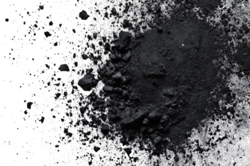 Black powder speckled with small black particles on isolated background. Close-up view of charcoal dust, gunpowder texture. No text or objects, powder at center, alpha backdrop extending to edges. Png