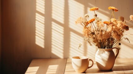Wooden frame on beige wall with boho vase, dry flowers, and coffee cup for a rustic, chic look.