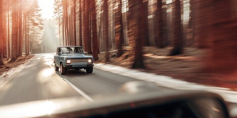 Obraz premium Vintage Truck Driving Through Forest Road