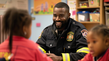 firefighter teaching children at a local community center about the dangers of playing with fire and how to prevent accidents