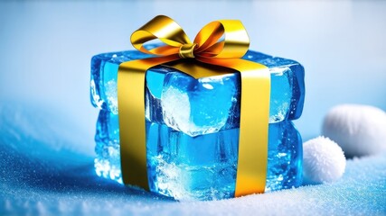 Ice cube with festive gift bow on blurred background.