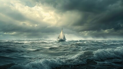 Solitary Sailboat Navigating Choppy Seas Under Dramatic Cloudy Skies - Symbol of Resilience and Determination
