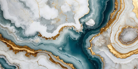 Fototapeta premium Swirling patterns of agate stone in shades of blue and white with gold veins, showcasing natural beauty and elegance in a close-up view