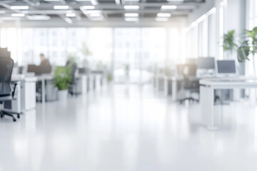 A modern office space with blurred background, featuring desks, chairs, and plants. The environment is bright and airy, suggesting a collaborative workspace.