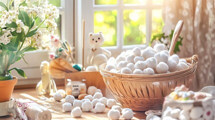 Cotton Balls in Wicker Basket, Sewing Kit, and Handmade Toys on Table - Cozy Craft Scene