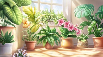 Fototapeta premium Sunlit Indoor Garden: Lush Greenery and Vibrant Blooms
