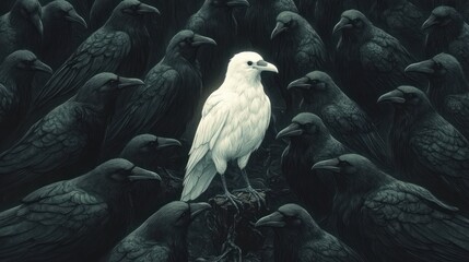 Fototapeta premium A striking image of a white crow standing out among black crows, symbolizing nonconformity, individuality, and the courage to stand apart from the crowd