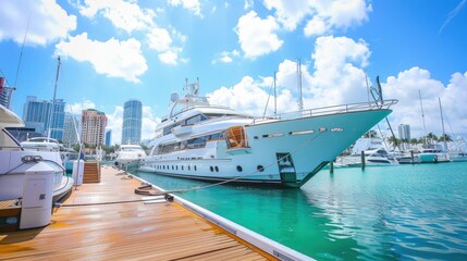 Naklejka premium Luxurious Yacht Docked at Marina for Exclusive Business Networking Event Under Sunny Skies