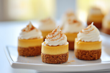 Small pumpkin cheesecakes adorned with whipped cream flavored wi