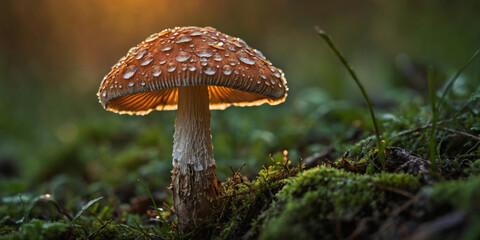 Fototapeta premium A vibrant orange mushroom covered in dew rises among lush green moss at dawn in a tranquil forest setting