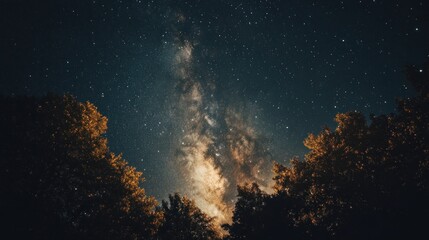 Obraz premium A stunning view of the Milky Way galaxy shining brightly in the night sky above a silhouetted forest.
