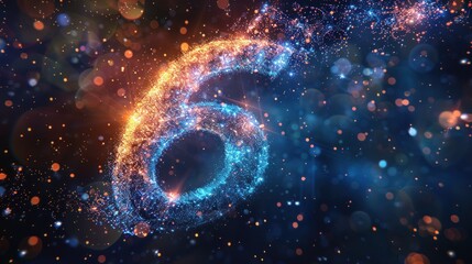 Obraz premium A glowing, digital number six with a swirl effect, set against a dark background with bokeh lights.