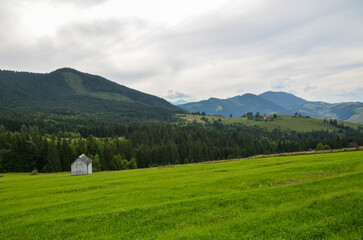 Picturesque rural landscape with rustic wooden barn situated in a lush green field, with rolling hills and mountains in the background. Carpathians, Ukraine