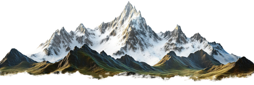 Mountain range with peaks reaching in gray hue. White snow patches on mountains. Valley in darker gray stretches out in background. Panoramic view from vantage point. Alpine landscape with rocky - Powered by Adobe