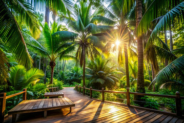 Fototapeta premium A serene tropical pathway is framed by lush palm trees and bathed in warm sunlight, inviting exploration and tranquility.