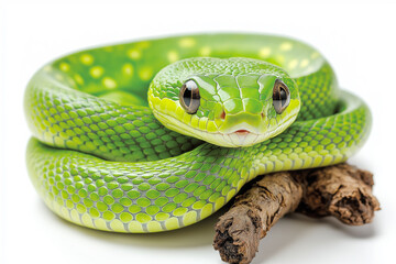 Fototapeta premium Vibrant green snake coiled around tree branch, white background. New Year 2025 symbol