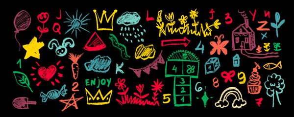 Fototapeta premium Cute kid illustration with colorful silhouettes flowers, cloud, crown, stars, summer . Hand drawn doodle sketch cute vector school chalk background. Kids pattern in style doodle, hand drawn crayon. 