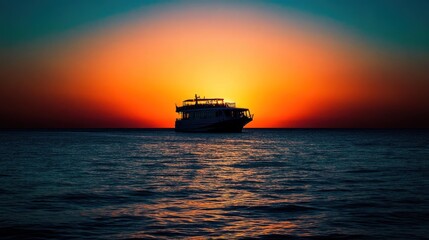 Obraz premium A silhouette of a boat on the water with the sun setting in the background.