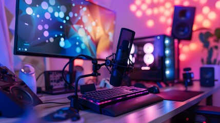 Female podcaster making audio podcast from her home studio. 