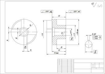 Assembly drawing of clutch of electrical reducer.
Vector design of steel mechanical device with dimension lines.
Engineering technic cad scheme on white
paper sheet. Hand drawn pencil sketch.