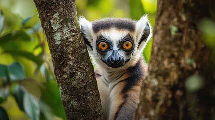 A curious lemur peering out from the trees