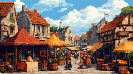 Obraz premium Vibrant pixel art of bustling street market with vendors and shoppers, showcasing a lively urban scene. Medieval Street Market. Illustration