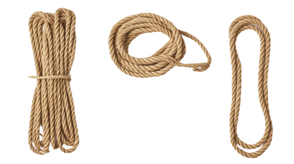 Three ropes of varying thicknesses tied in different knots on gray surface. Ropes form triangular shape with thickest at bottom, thinnest at top. Various knots, including bob, slide, bowline, add