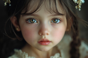 Fototapeta premium A close-up portrait of a young girl with brown eyes and a pinkish complexion