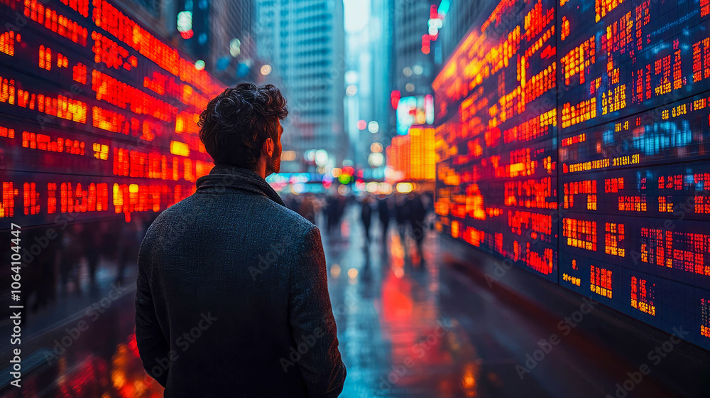 Poster a businessman analyzing complex data on multiple digital screens, representing business analysis, fi