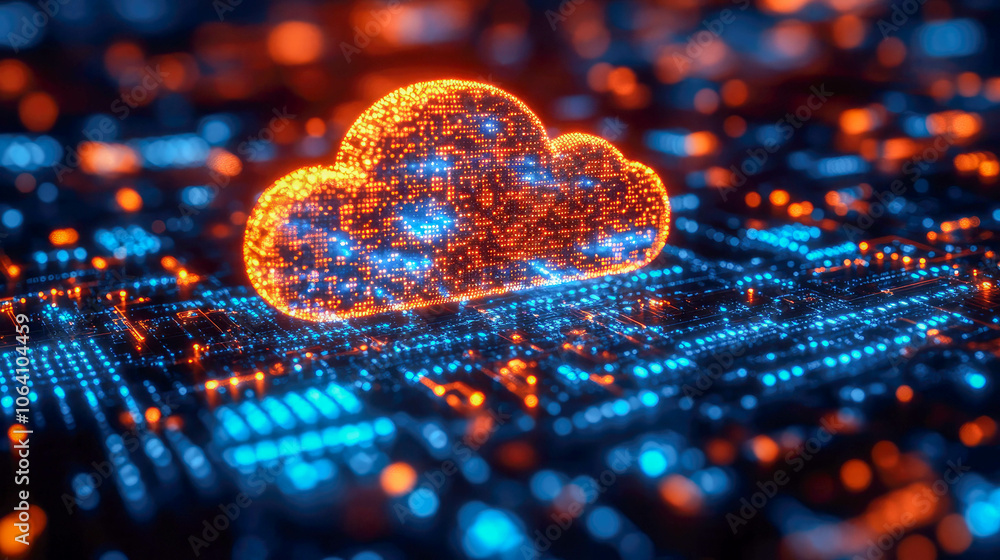 Poster abstract glowing orange cloud symbol over circuit board, representing cloud computing and digital da