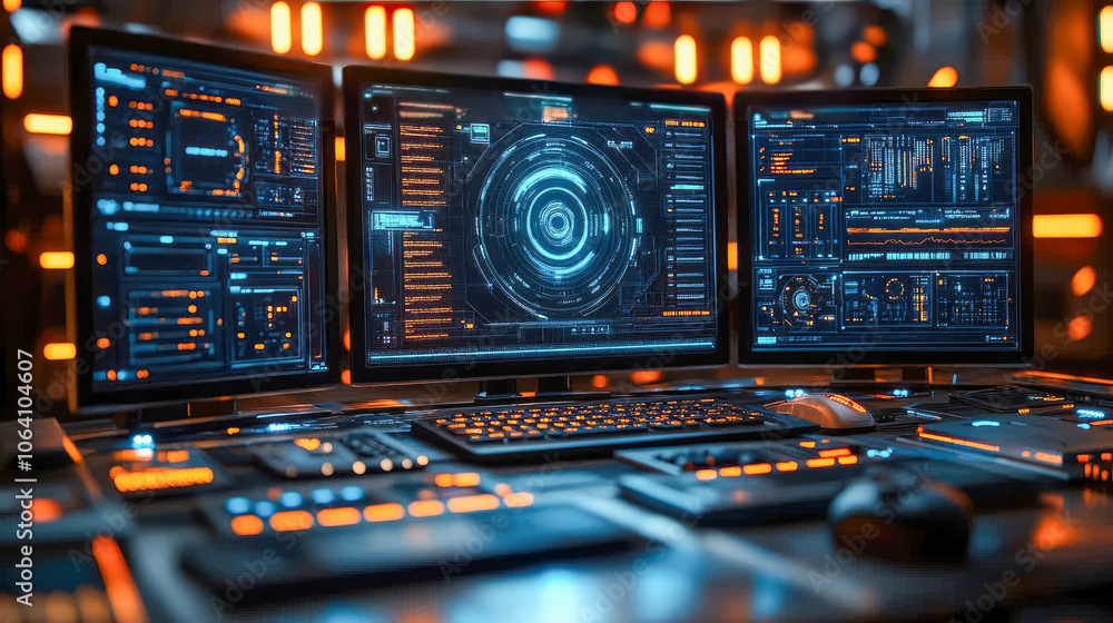 Poster multiple computer monitors displaying analytical data and stock charts in a dimly lit control room, 