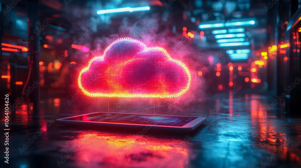 Poster neon digital cloud hovering over a tablet, representing cloud computing and data storage, with vibra